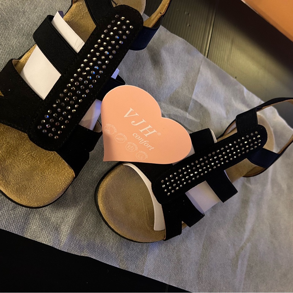 VJH Women's Flat Sandals with Rhinestone Open Toe Elastic Slip On Casual Sandals